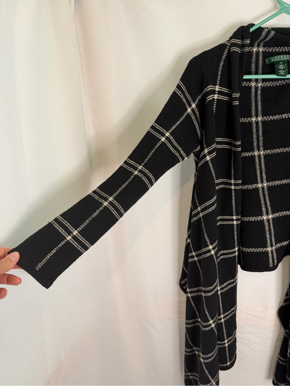Lauren Ralph Lauren Black & Ivory 100% Lambswool Plaid Open Front Cardigan - Picture 4 of 7